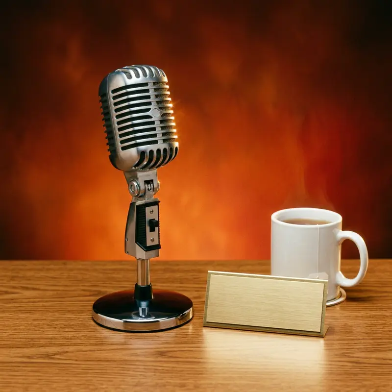 A chrome vintage microphone beside a mug of tea and a blank gold nameplate
